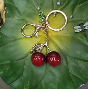 Gold Cherry Keychain with Red Cherries and Green Leaf, NEW